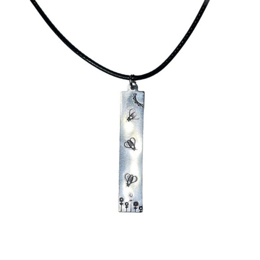 Handmade stamped bee silver rectangular pendant Black leather cord‎ necklace